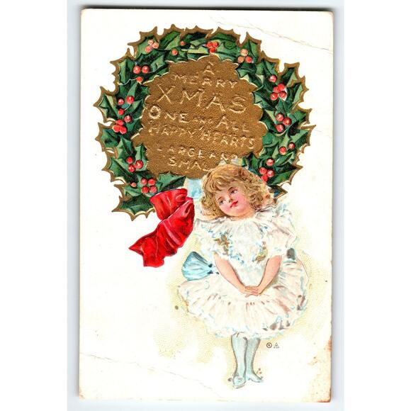 Vintage 1916 Embossed Christmas Postcard Girl with Holly Wreath Antique - Picture 1 of 2